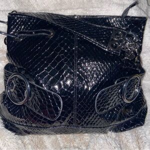 Big Buddha Black Patent Embossed Large Shoulder Bag EUC